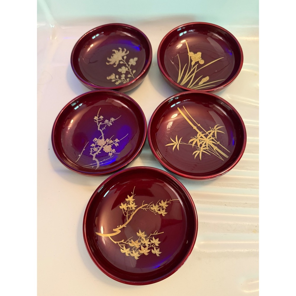 Vintage Japanese Lacquerware Set of 5 Burgundy Gold Floral Bamboo Pattern Bowls